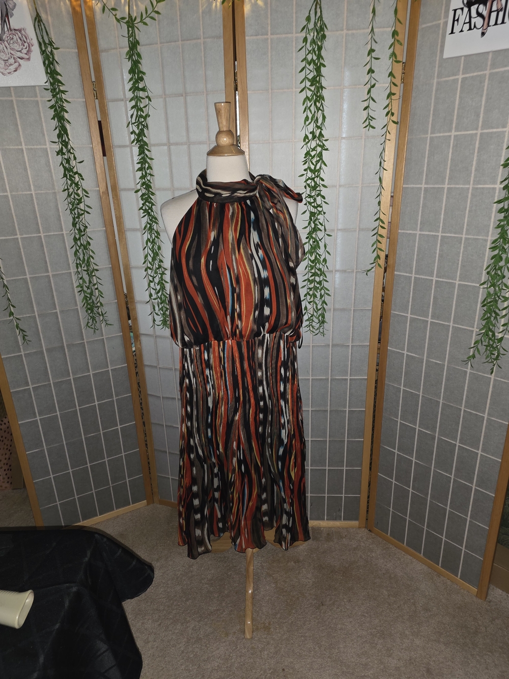 Ashley Stewart Halter Midi Dress in Black, Orange, Rust and Cream Stripe